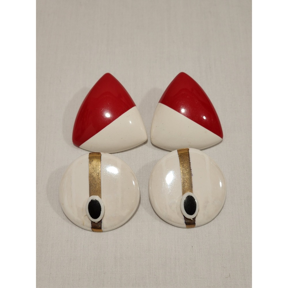 Vintage 80s Geometric Earring Set Red White Triangle Round by Eddy Post Earrings